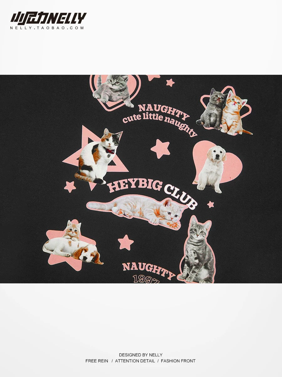Retro plus velvet winter cat and dog sweatshirts for men and women trendy brand ins round neck couple oversize American jacket