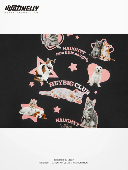 Retro plus velvet winter cat and dog sweatshirts for men and women trendy brand ins round neck couple oversize American jacket