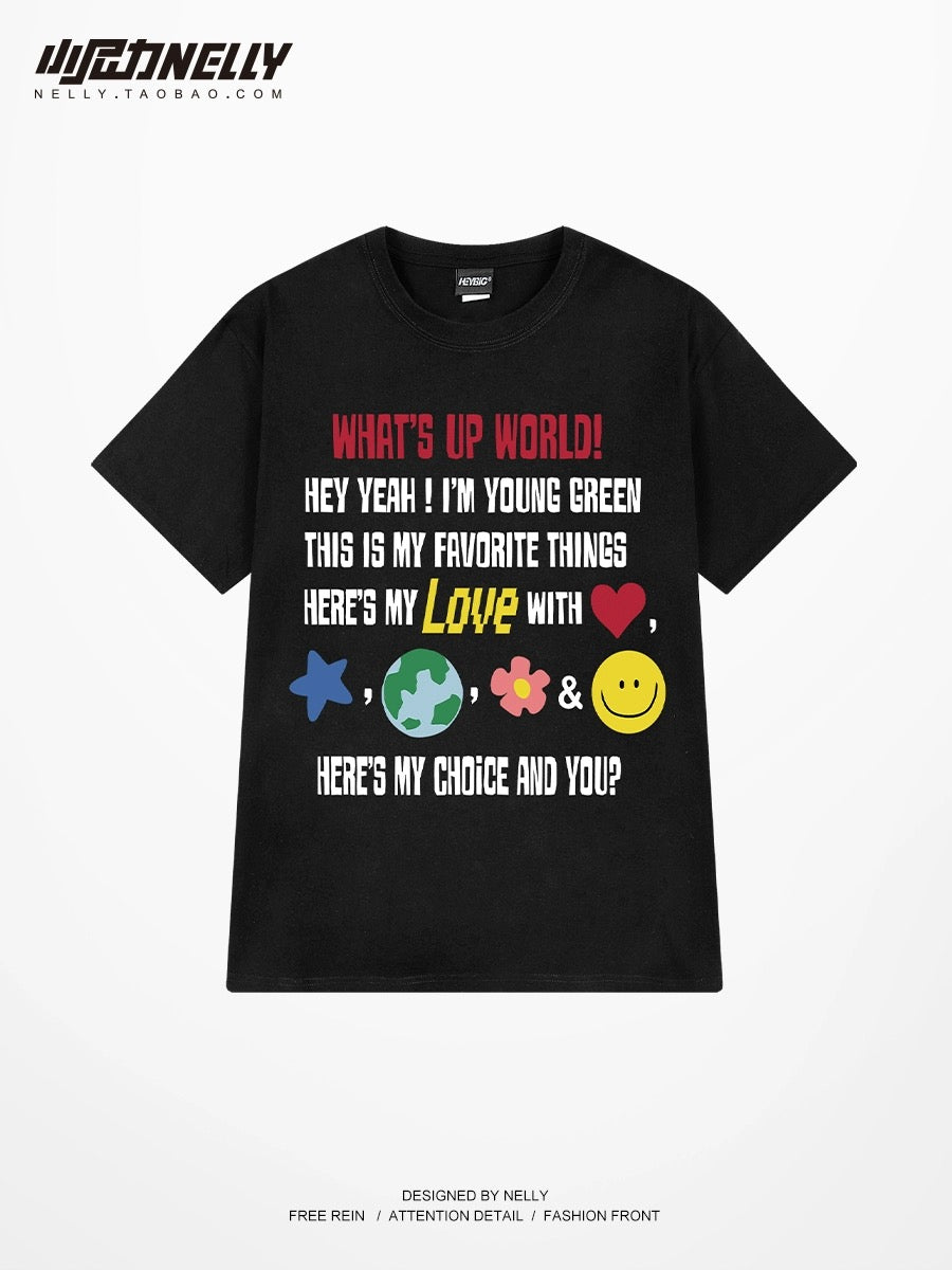 Cute cartoon letter print short-sleeved T-shirt for men and women loose summer heavy cotton design trendy tops