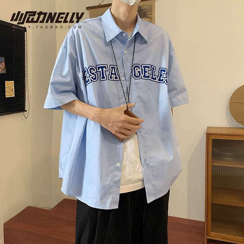 Xiaonili letter printed short-sleeved shirt summer trend ins American loose casual shirt jacket bf style