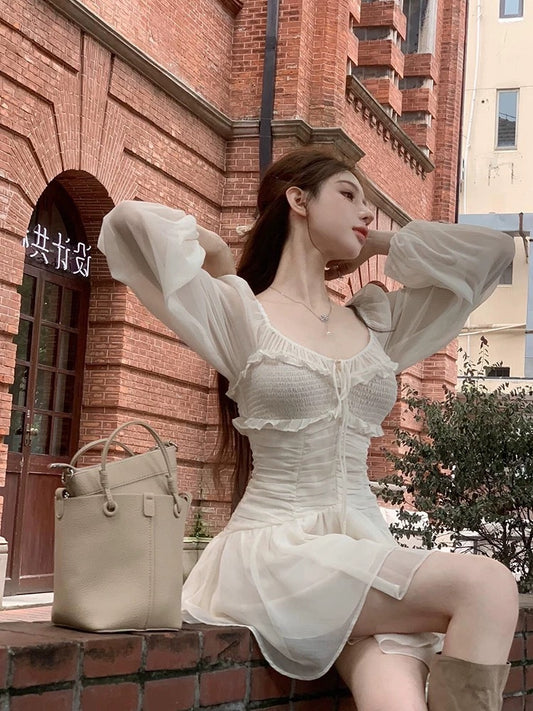 STRIVE/Yumiko chubby mm French puff sleeve super fairy A-line skirt early autumn female pure desire ballet style short skirt