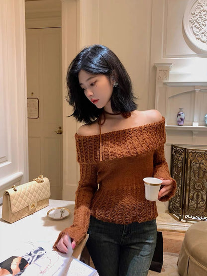 Qiu Rouyao Autumn new hollow pullover sweater retro long-sleeved niche lazy style one-shoulder sweater for women (B1912)