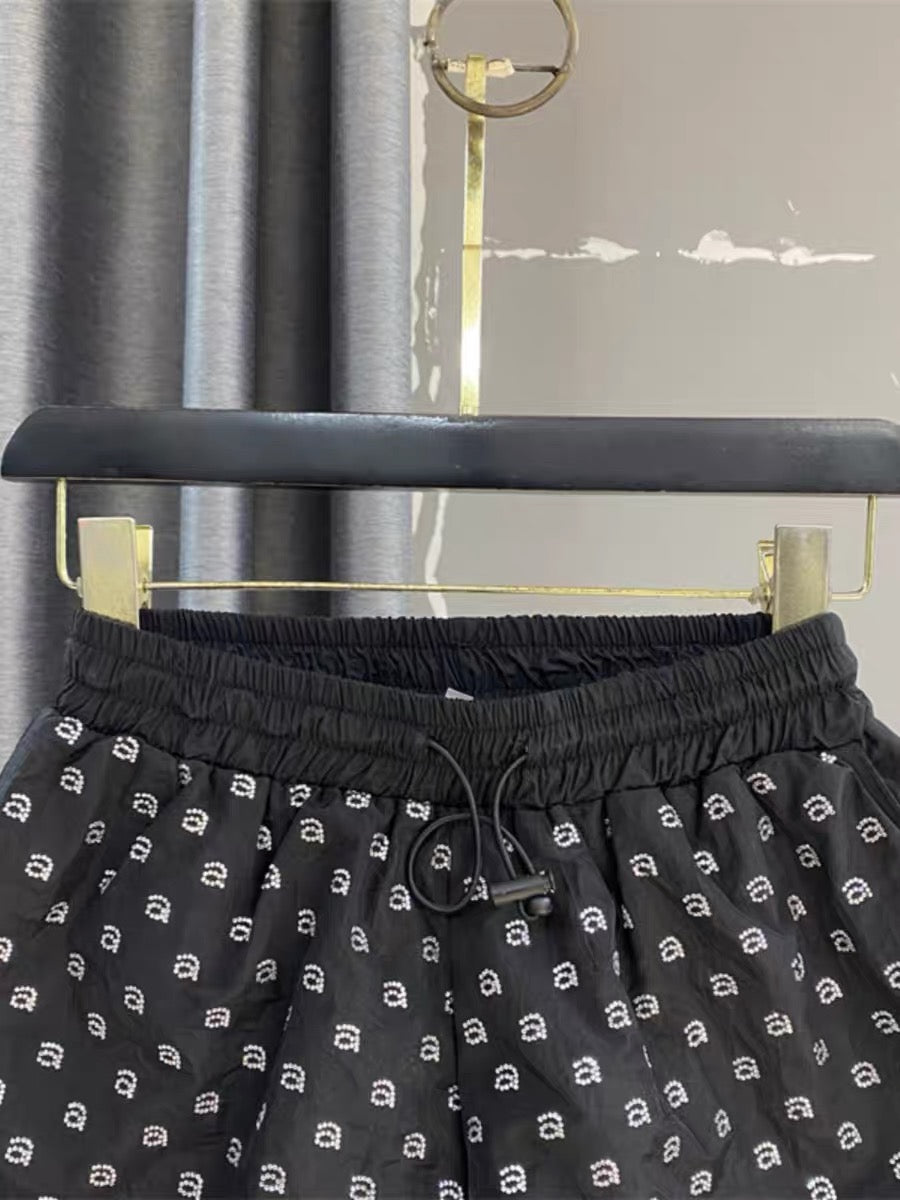 European Station 2023 Heavy Industry Alphabet Hot Diamond A-line Shorts Women's Summer New Elastic Waist Wide Leg Sports Hot Pants Trend