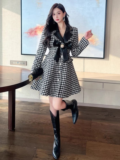 Celebrity Xiaoxiang style tweed bow dress women's winter new style waist-cinching cotton houndstooth suit skirt trendy