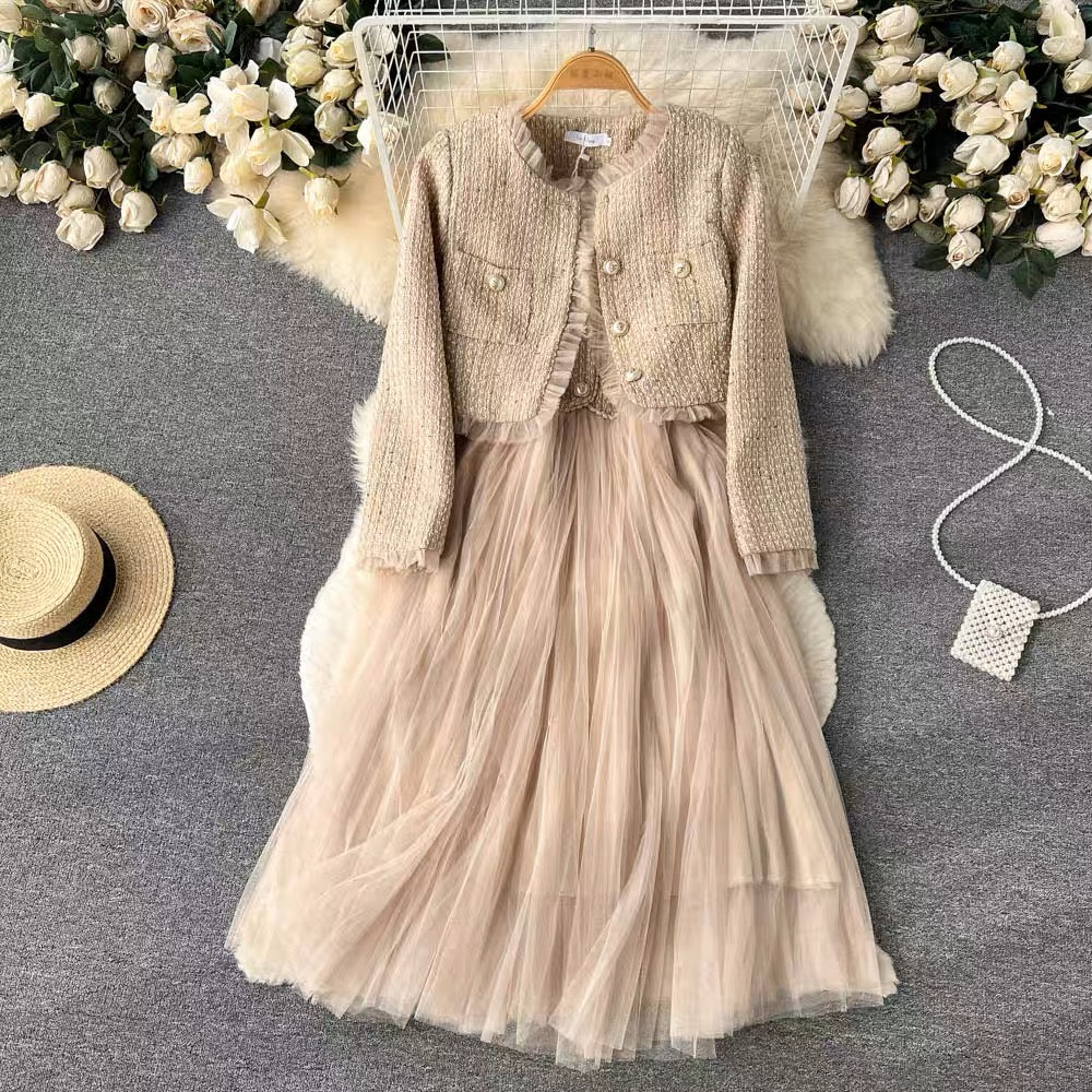 Autumn and winter Xiaoxiangfeng celebrity high-end suit women's short cardigan jacket + suspender mesh dress two-piece set (S0997)
