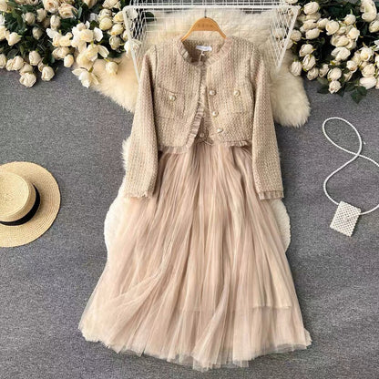 Autumn and winter Xiaoxiangfeng celebrity high-end suit women's short cardigan jacket + suspender mesh dress two-piece set (S0997)