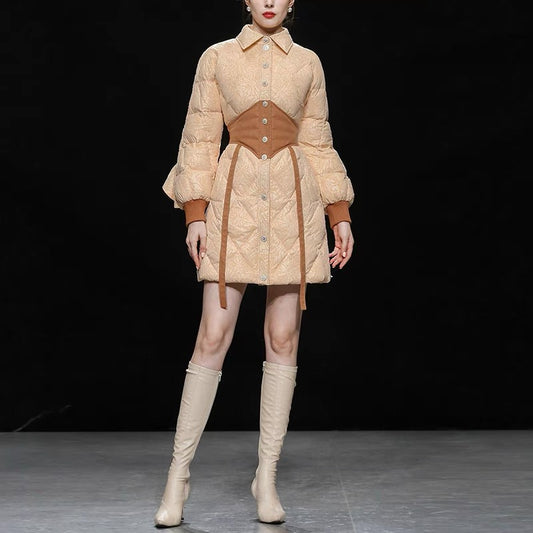 Winter 2023 new women's beige mid-length white duck down jacket thickened waist bread jacket trendy