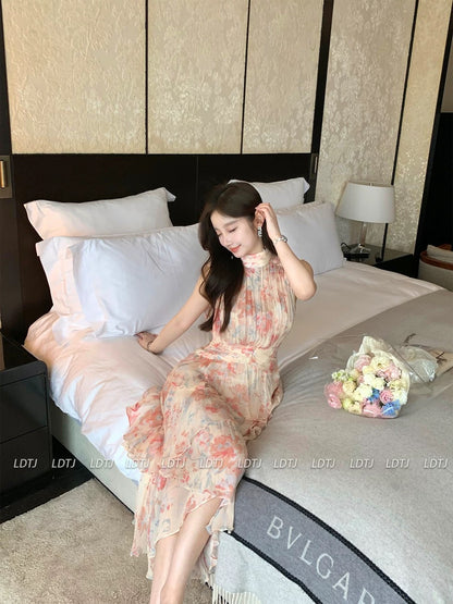 LDTJ Haute Couture 23 Xia Xin Elegant Temperament Fairy Gentle Sleeveless Vacation Slim Silk Broken Print Dress Women