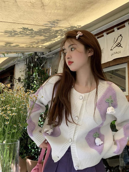 Sweet rhombus three-dimensional flower sweater jacket for women autumn 2023 new Korean style thickened loose short top trendy 🔎A2231