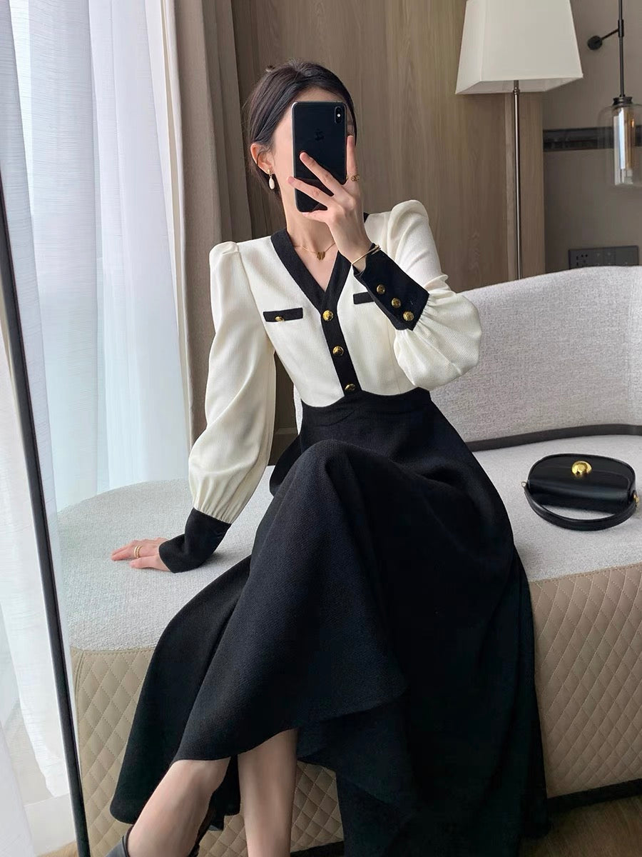 Guo Ge's V-neck dress for women 2023 autumn new French high-end exquisite slimming Hepburn style long skirt