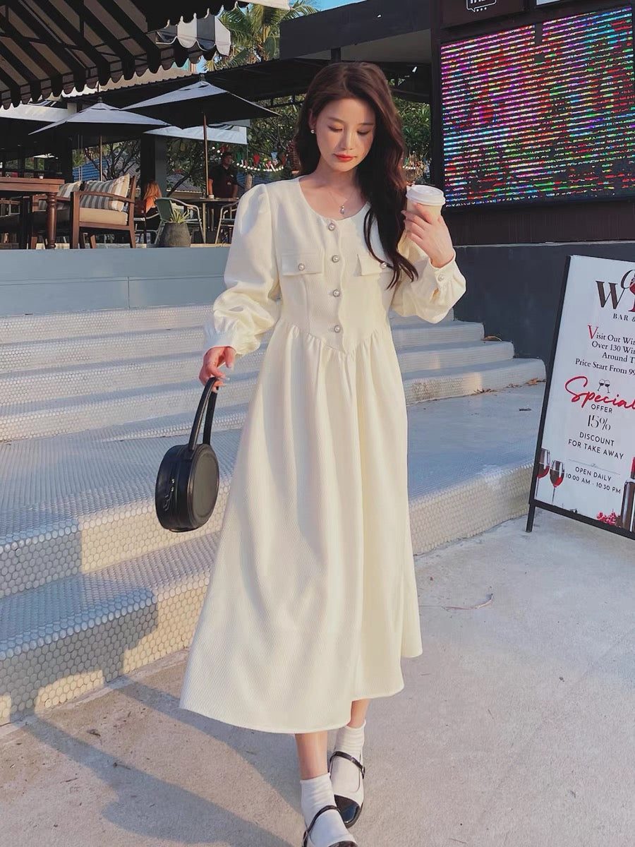 Off-white small fragrant dress autumn women's 2023 new textured French style gentle and elegant temperament A-line skirt