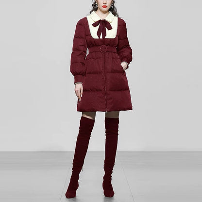 Winter 2023 new women's maroon medium-length white duck down jacket thickened waist bread jacket trendy