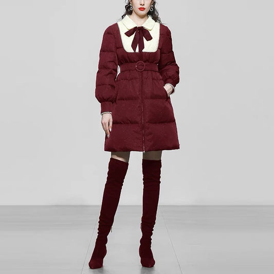 Winter 2023 new women's maroon medium-length white duck down jacket thickened waist bread jacket trendy