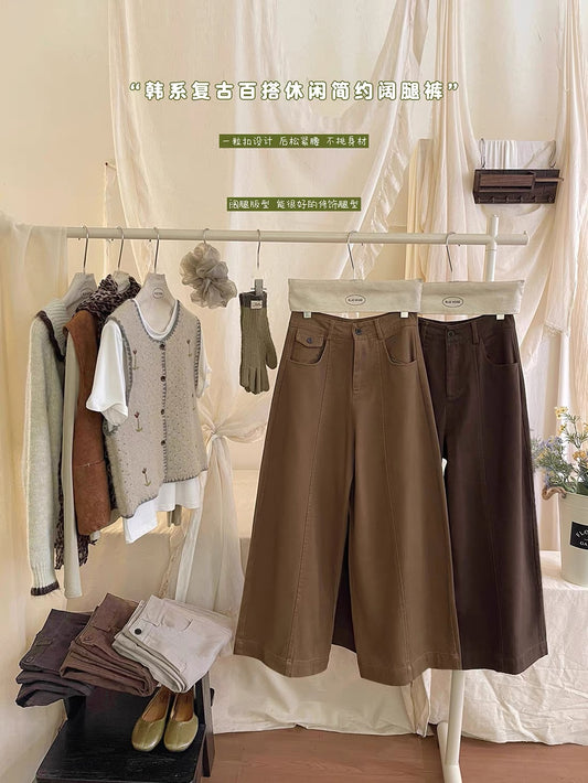Thickened Brushed-Finish Wide-Leg Pants – A Must-Have Style: Featuring Unique Seam Detailing for a Slimming Effect; Relaxed-Fit Straight-Leg Casual Trousers for Autumn/Winter.