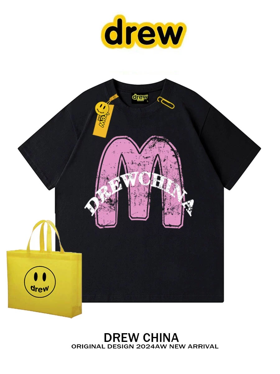 drew smiley face trendy brand big M retro print short-sleeved T-shirt for men and women European and American street loose bf casual couple half-sleeve