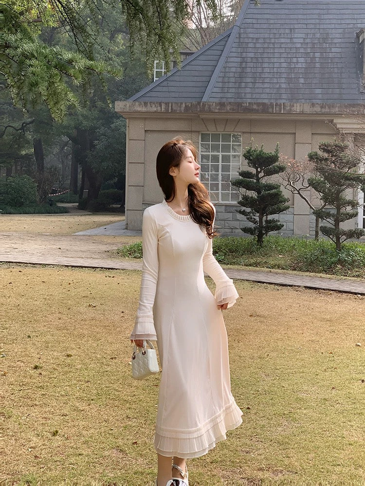 WITHMXBOOM Huihuijia slim long-sleeved dress for women in autumn and winter with a French design and elegant long skirt