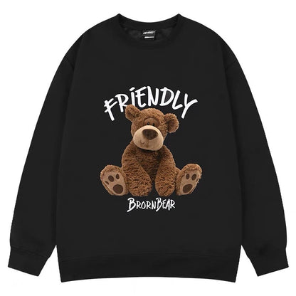 Hong Kong style ins trendy round neck sweatshirt for men bear cartoon print off shoulder pullover spring and autumn heavy long sleeve t-shirt