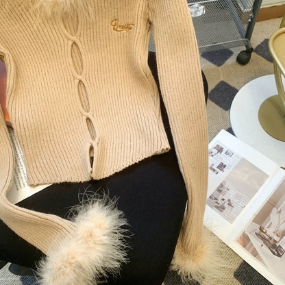 Maillard retro French fur patchwork sweater for women autumn and winter new style pure lust style slim long-sleeved sweater top