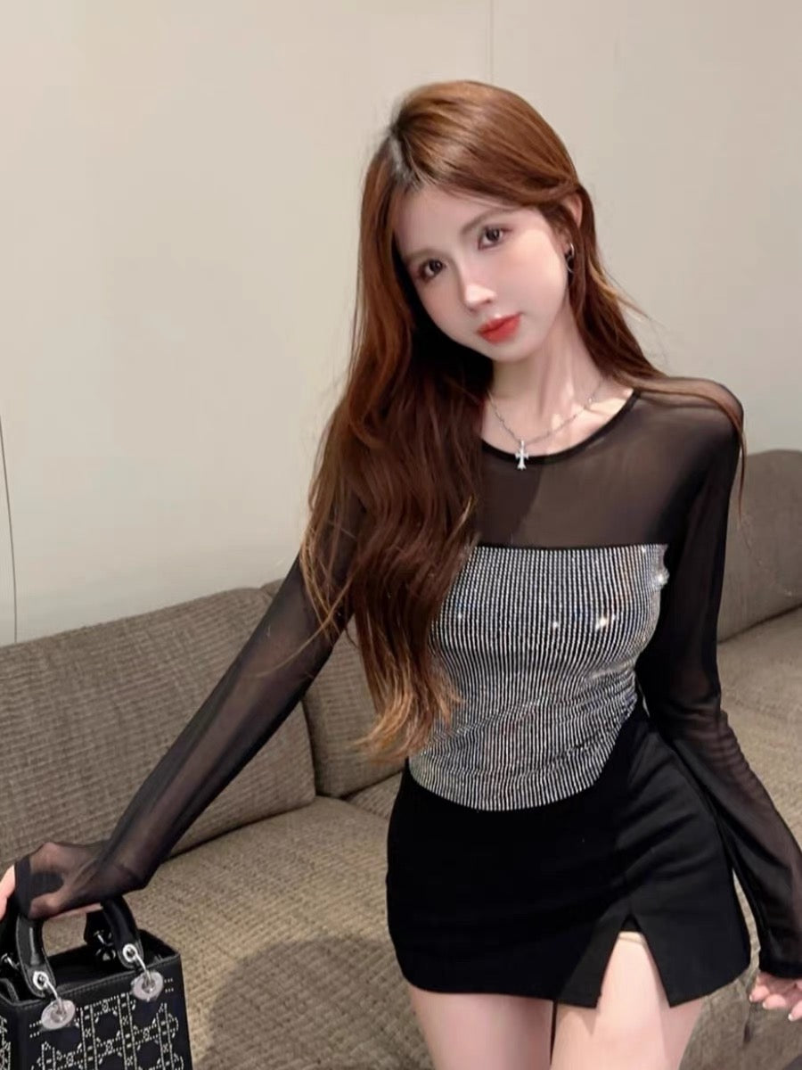 Mesh bottoming shirt for women with autumn and winter thin heavy-duty hot-drilled long-sleeved T-shirt hot girl black short sexy top