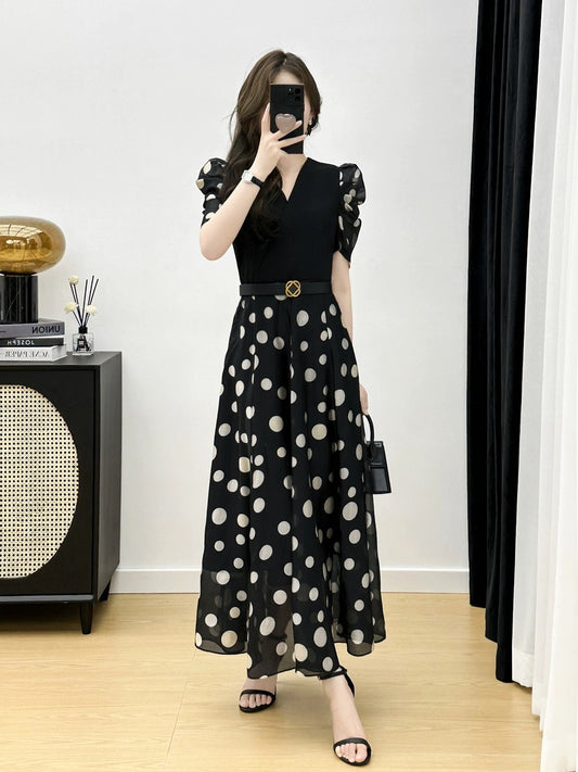 Polka dot dress 2023 summer new high-end temperament women's French retro chiffon mid-length dress for women