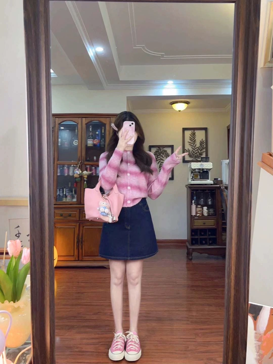 Dopamine Sweet Pink Knitted Cardigan Sweater Jacket Women's Slim Slim Spring and Autumn Denim Skirt Two-Piece Suit