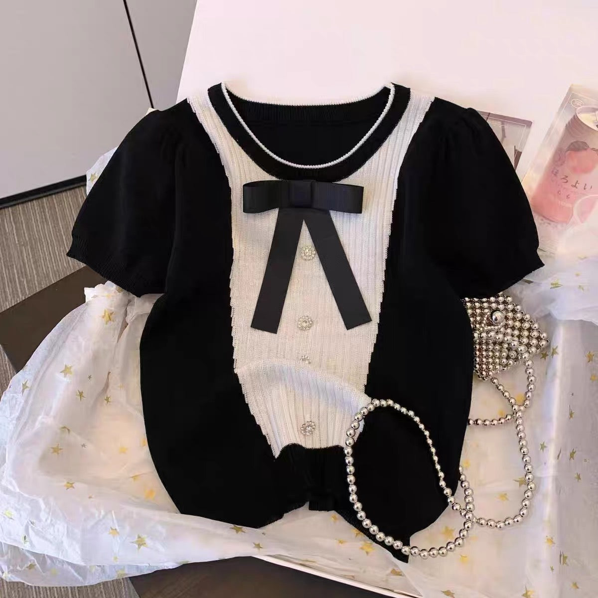 Clearance leakage, first-line brand counters, mall withdrawn, cut-label women's lace stitching bow puff sleeve top
