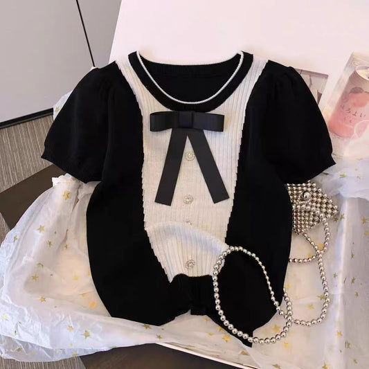 Clearance leakage, first-line brand counters, mall withdrawn, cut-label women's lace stitching bow puff sleeve top
