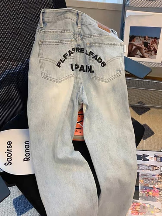 American trendy brand letter embroidery high waist jeans for men and women summer vibe wind drape slim casual wide leg pants