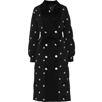 2023 new winter style fashionable double-sided woolen stitching mid-length black embroidered direct-fill down jacket
