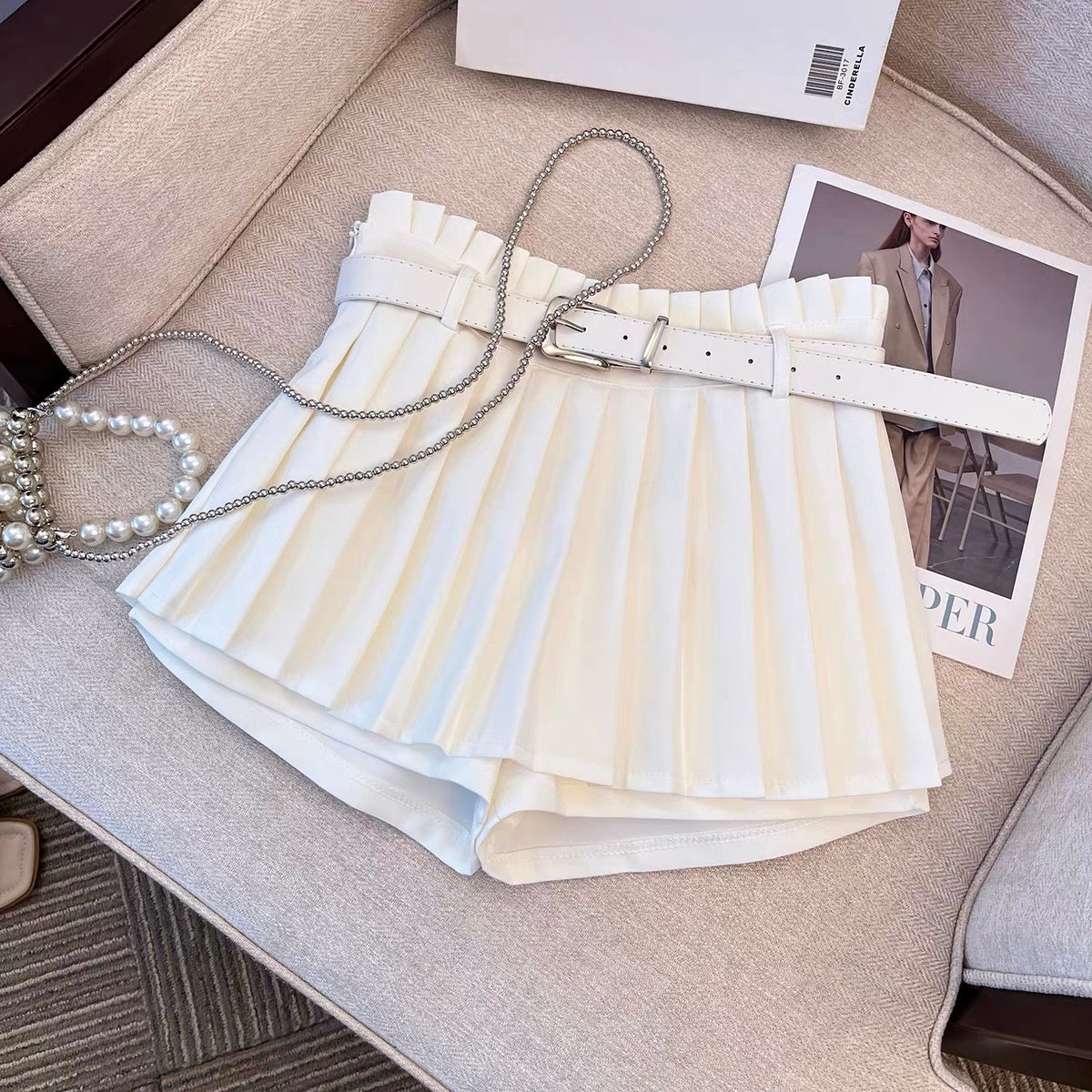 Slim high waist slim pleated shorts skirt women's summer white jk skirt 2023 new women's group A-line skirt