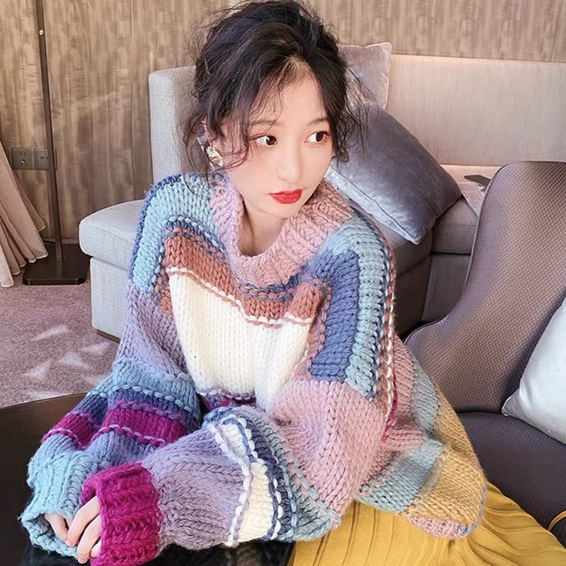 2022 new Japanese style lazy style thick line loose rainbow striped cocoon pullover sweater for women autumn and winter outer wear foreign style V1149