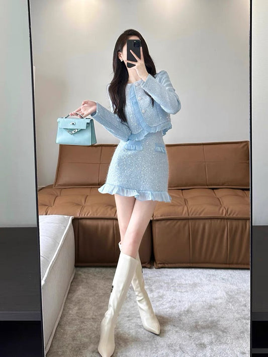 Xiaoxiangfeng suit 2023 new hot style autumn and winter high-end temperament celebrity salt series light mature hip skirt two-piece set (S5551)