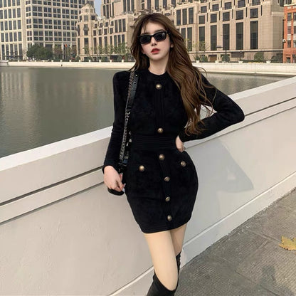2023 autumn and winter Hepburn style French high-end socialite temperament slim bottoming mink plush dress