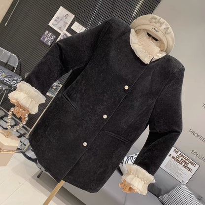 French light luxury style heavy-duty beaded wooden ear-edge high-end mid-length pearl buckle loose and versatile foreign-style coat for women