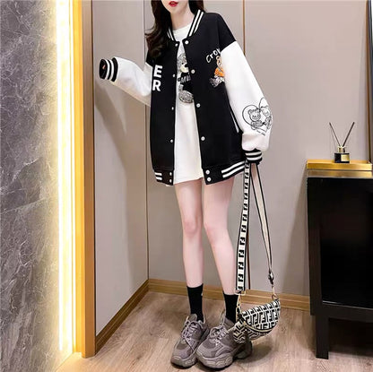 Designed baseball uniform cardigan for women 2023 early autumn new American style loose lazy style versatile oversize jacket (J0248)