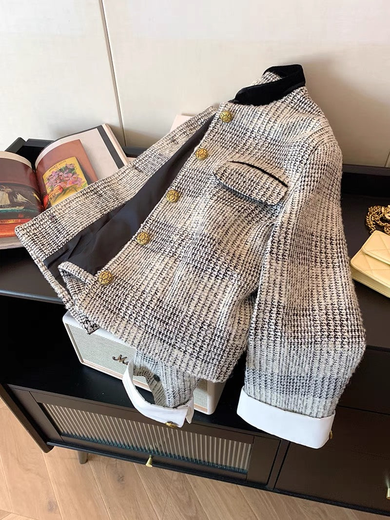 French contrasting color splicing tweed short coat for women autumn and winter 2023 new temperament socialite small fragrant style slimming top