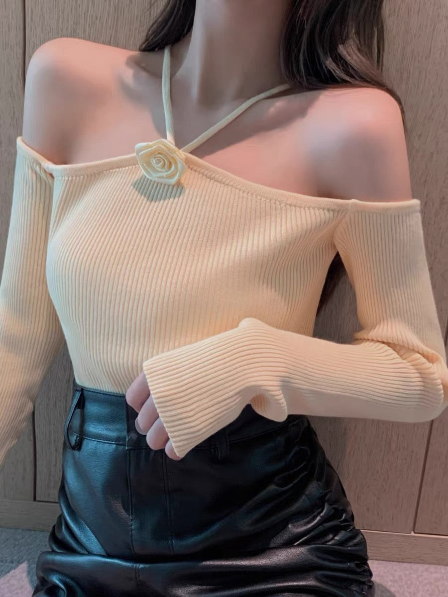 2023 early spring new women's fashionable and sexy casual bottoming shirt short off-shoulder halterneck knitted pure lust top