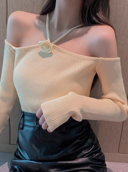 2023 early spring new women's fashionable and sexy casual bottoming shirt short off-shoulder halterneck knitted pure lust top