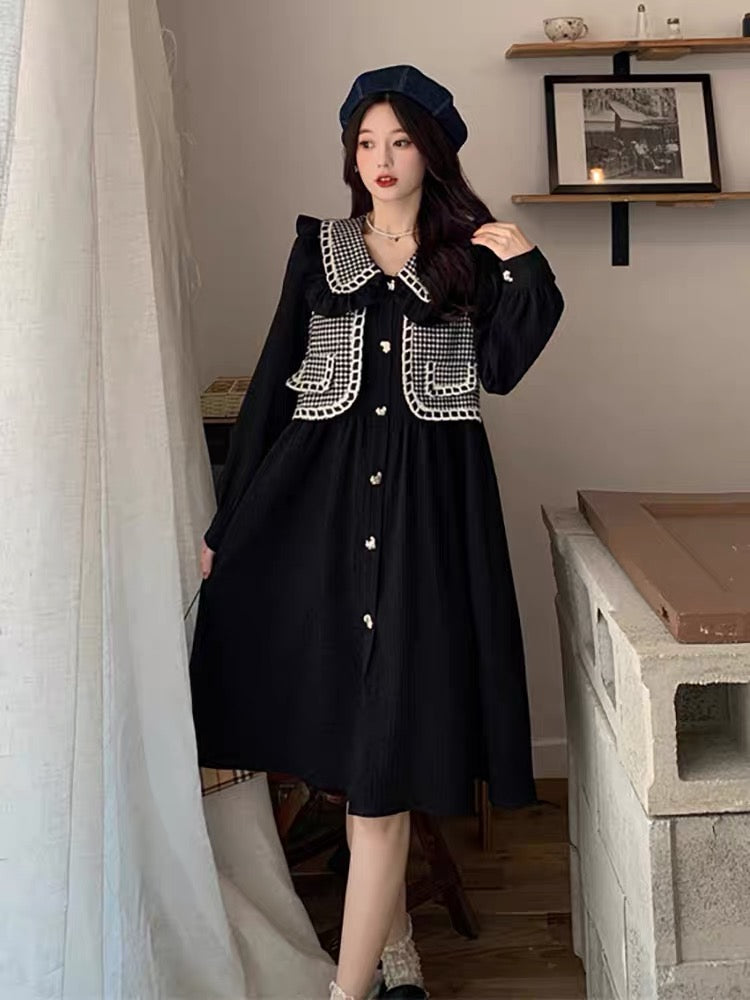 Plus size women's design French shirt to cover belly dress women's spring and autumn street doll collar slim skirt (D0978)