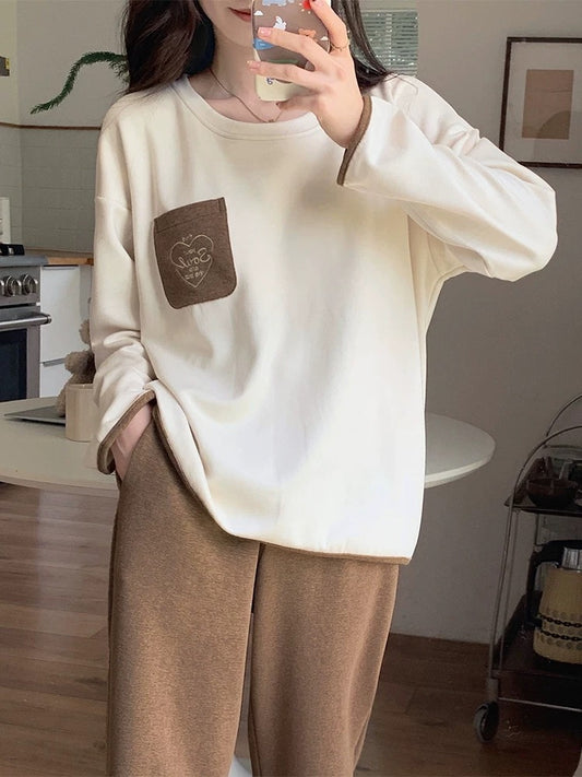 DeRong Pajamas Women's Spring, Autumn and Winter Thickened Long Sleeves with Chest Pads 2023 New Thin Velvet Brushed Apricot Brown Home Clothes
