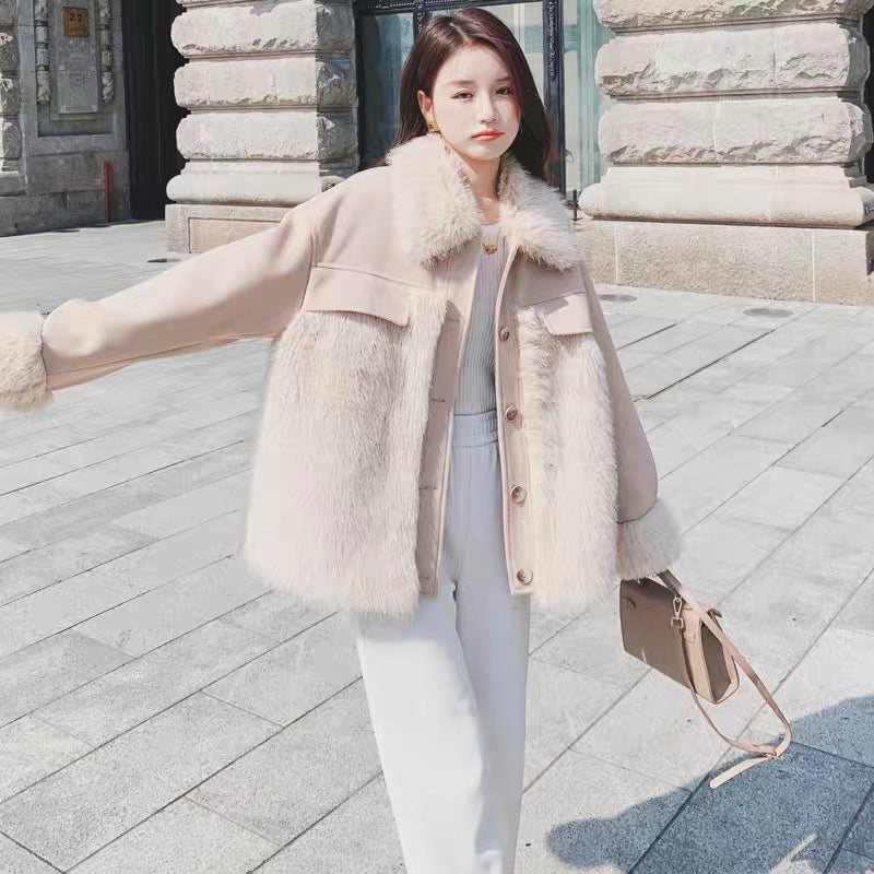 Plush spliced woolen coat for women 2022 winter new Korean style gentle style niche thickened woolen coat trend