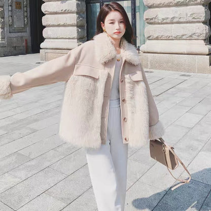 Plush spliced woolen coat for women 2022 winter new Korean style gentle style niche thickened woolen coat trend