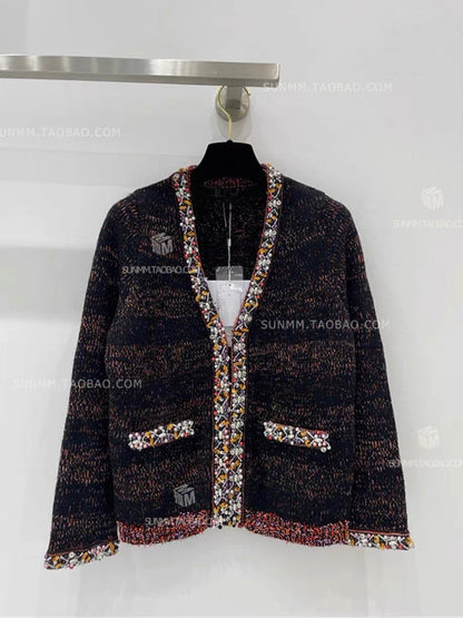 Buyer store 23 autumn high-end niche heavy industry wool hand-beaded V-neck knitted sweater cardigan with small fragrance style