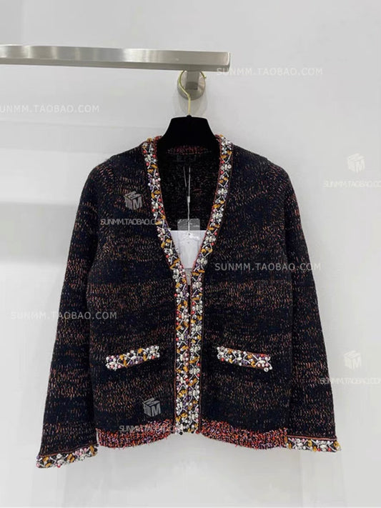 Buyer store 23 autumn high-end niche heavy industry wool hand-beaded V-neck knitted sweater cardigan with small fragrance style