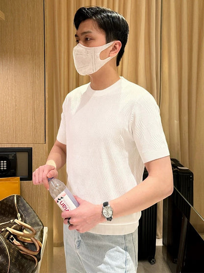Fashionable high-end simple and generous white bottoming shirt men's summer thin custom three-dimensional texture slim knit sweater men