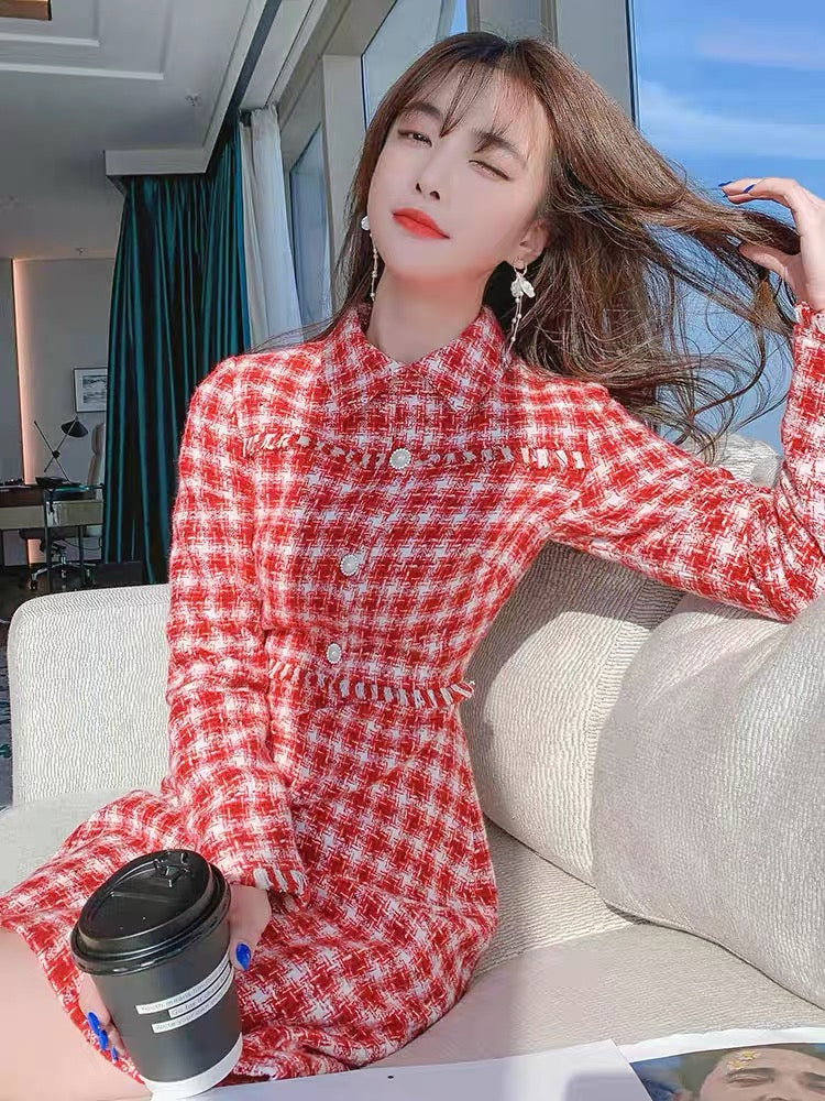 Xiaoxiangfeng dress for women in autumn and winter 2021 new temperament women's waist slimming thickened tweed skirt for women