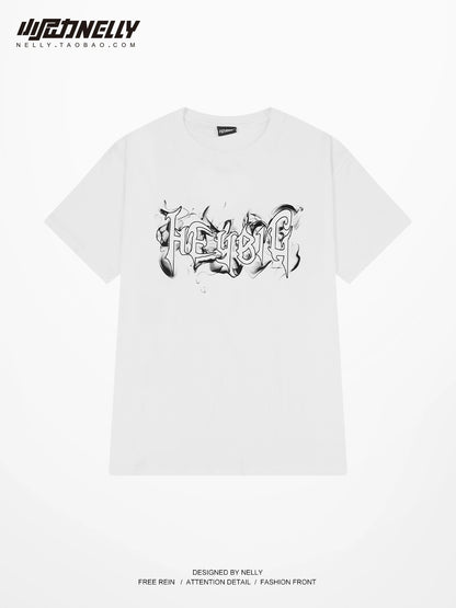 American high street heavy smoke letter short-sleeved T-shirt men and women summer loose round neck top trendy brand youth T-shirt