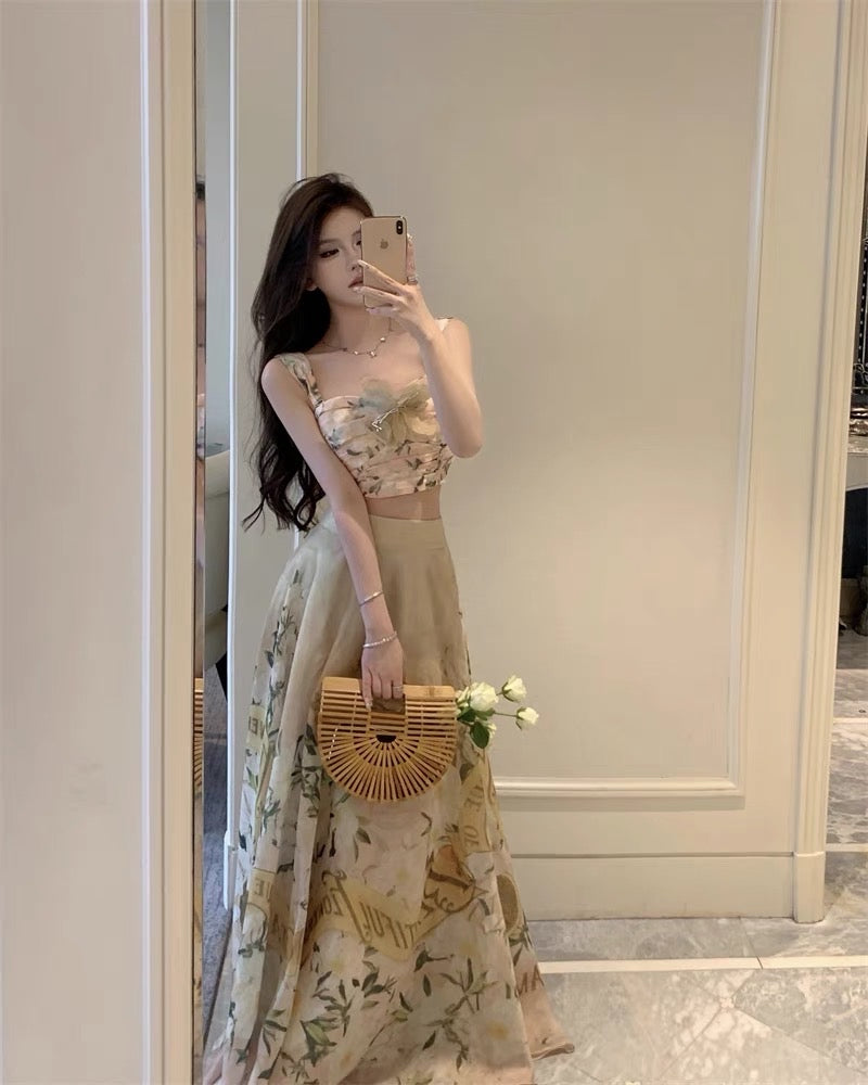 French suit temperament camisole top women's summer seaside vacation two-piece high-quality skirt long skirt