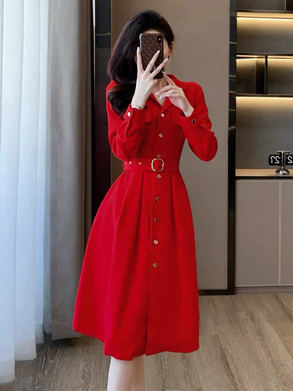 Red small fragrant dress for women autumn 2023 new waist slimming slim mid-length high-end temperament skirt