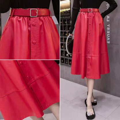 Red leather skirt 2023 new fashion large swing umbrella skirt autumn and winter skirt women's mid-length high-waisted a-line long skirt